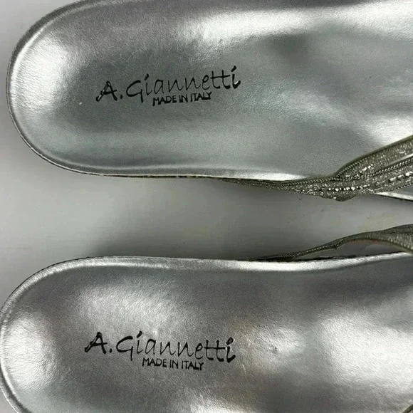SILVER SANDALS A.GIANNETTI MADE IN ITALY SZ 9 NWT CORK SOLE THONG W/ RHINESTONE - Picture 5 of 8